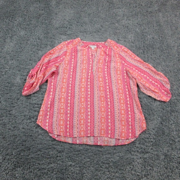 Kim Rogers Curvy Shirt Womens 2X Pink Orange Aztec Print 3/4 Sleeve Boho Blouse - Picture 1 of 12